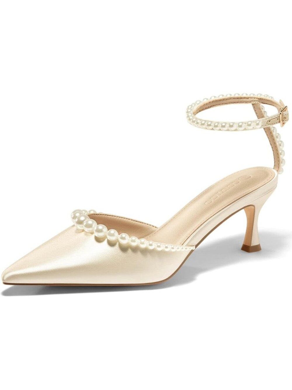 Women's Champagne Gold Closed Pointed Toe Ankle Strap Satin Pearl Kitten Heels